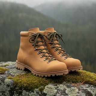 Tan leather hiking boots on a mossy rock
