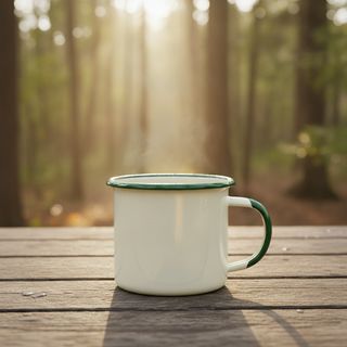 Cream enamel camping mug with a green rim